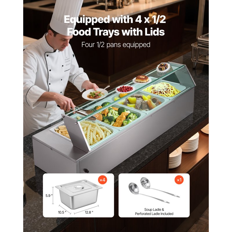 1500W Electric Food Warmer - Stainless Steel Bain Marie with Glass Lid