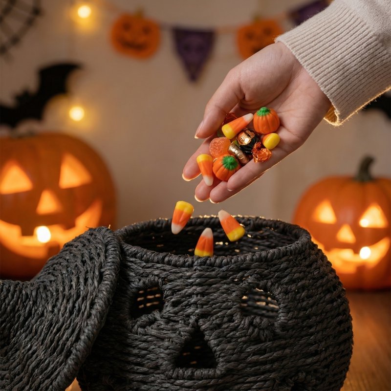 Halloween Woven Seagrass Pumpkin Storage Basket with Lid - 10.2 Inch, Black, Rustic Home Decor - Variation of This Listing