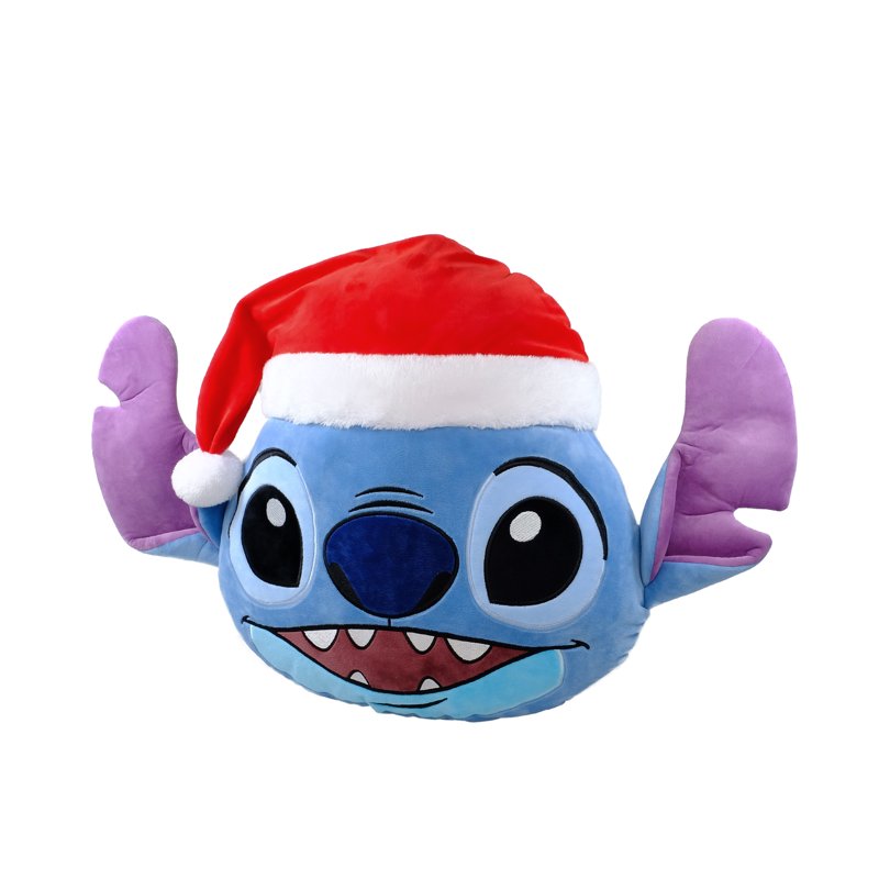 Holiday Pillow with Stitch in Santa Hat - 16-Inch Round Blue Decorative Cushion - Variation: Stitch