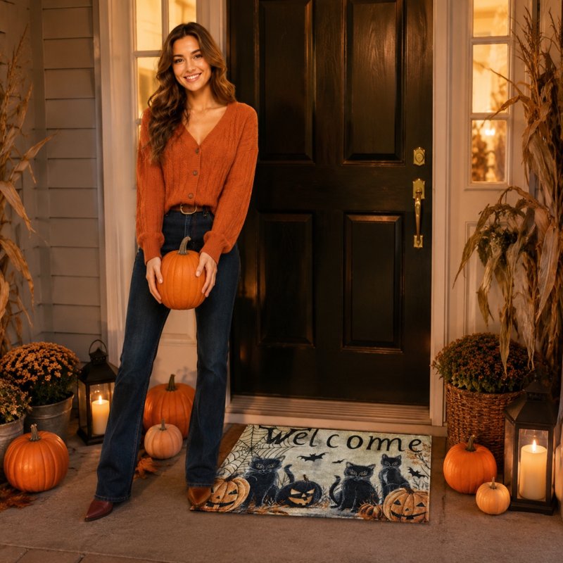 Halloween Door Mat Black Cat B - 24x16 inch Non Slip Entryway Rug