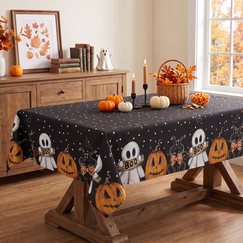 Halloween Tablecloth 52x70 Inch Black Ghost Cat Pumpkin Wrinkle-Resistant & Washable