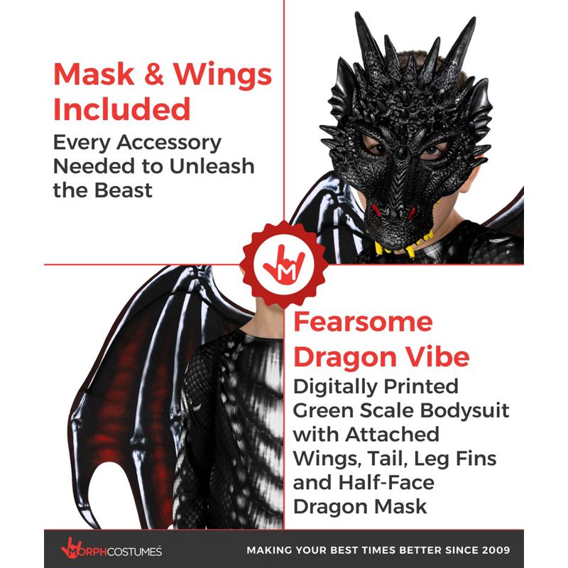 Boy's Dragon Jumpsuit Halloween Costume Large - Black and Red Fancy Dress
