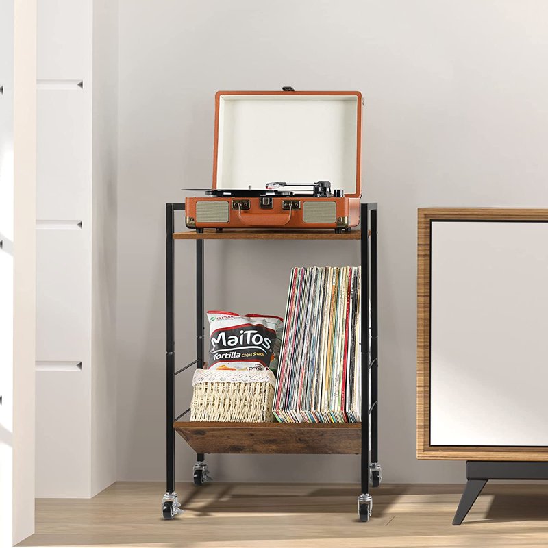 2 Tier Record Player Stand with Vinyl Storage Shelf