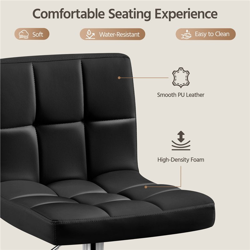 Height Adjustable PU Leather Bar Stool with Backrest - Black