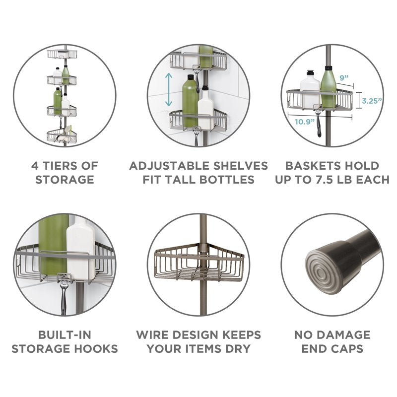 Adjustable Satin Nickel Shower Tension Pole Caddy with 4 Removable Baskets