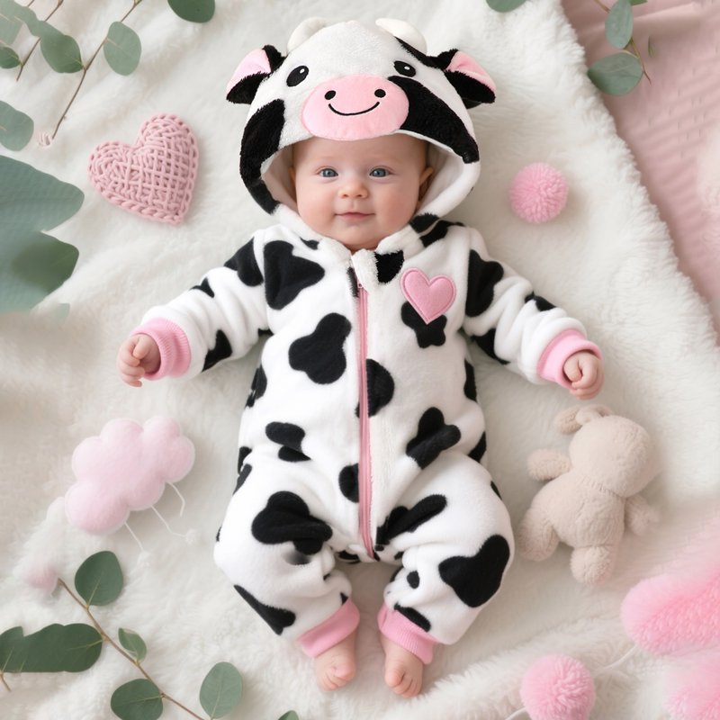 White Baby Cow Costume Infant Romper 1-3 Months Halloween Animal Outfit