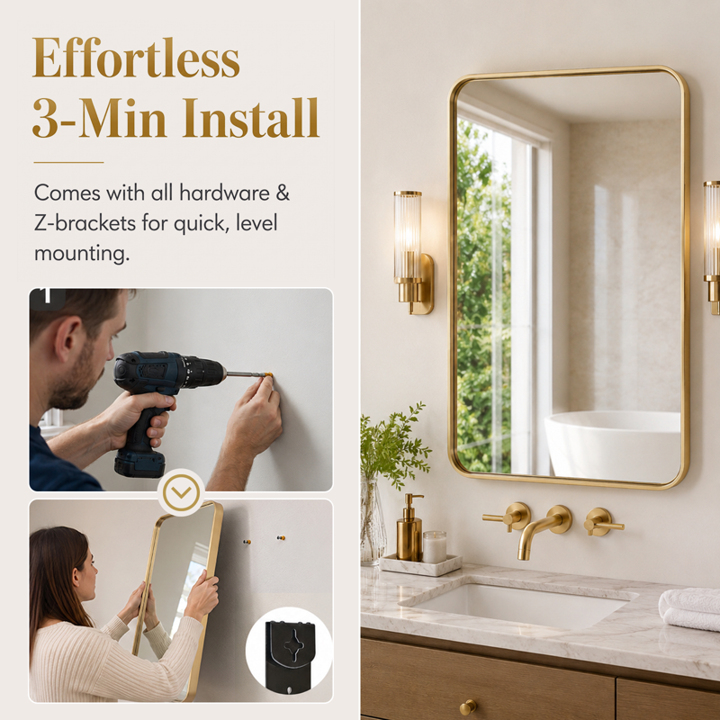 Gold Round Corner Bathroom Vanity Mirror 30x48 Wall Mount Framed