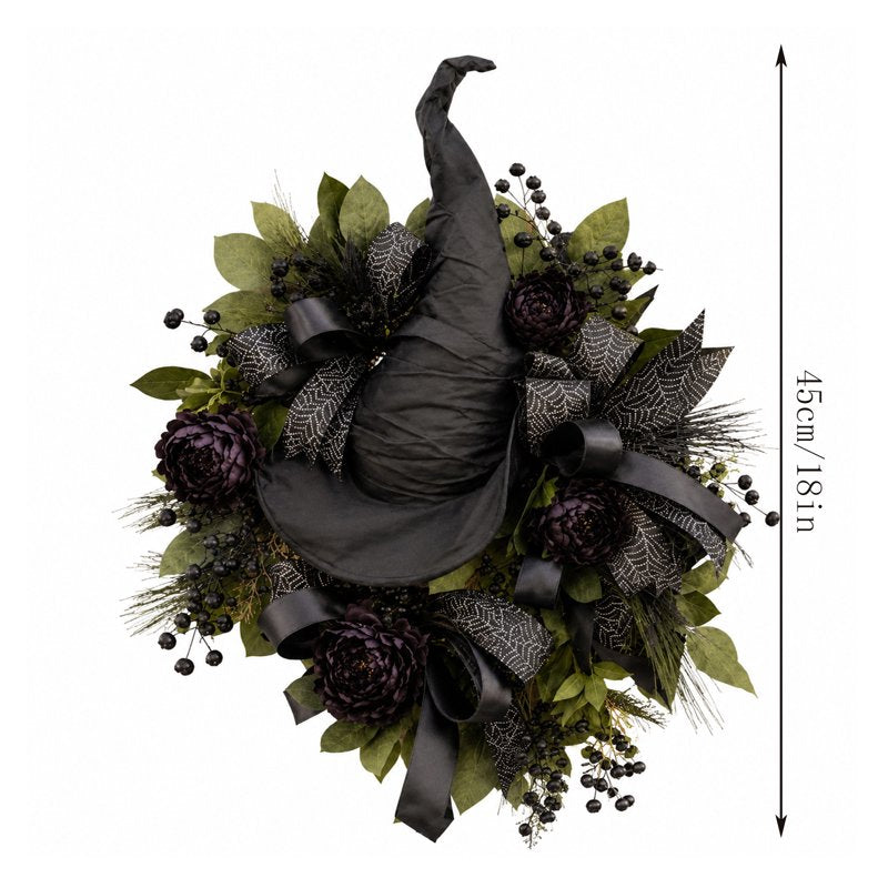 Halloween Wreath with Witch Hat & Black Roses - Gothic Fall Door Decor - 18 Inch - Variation: 🎁 Witch Hat