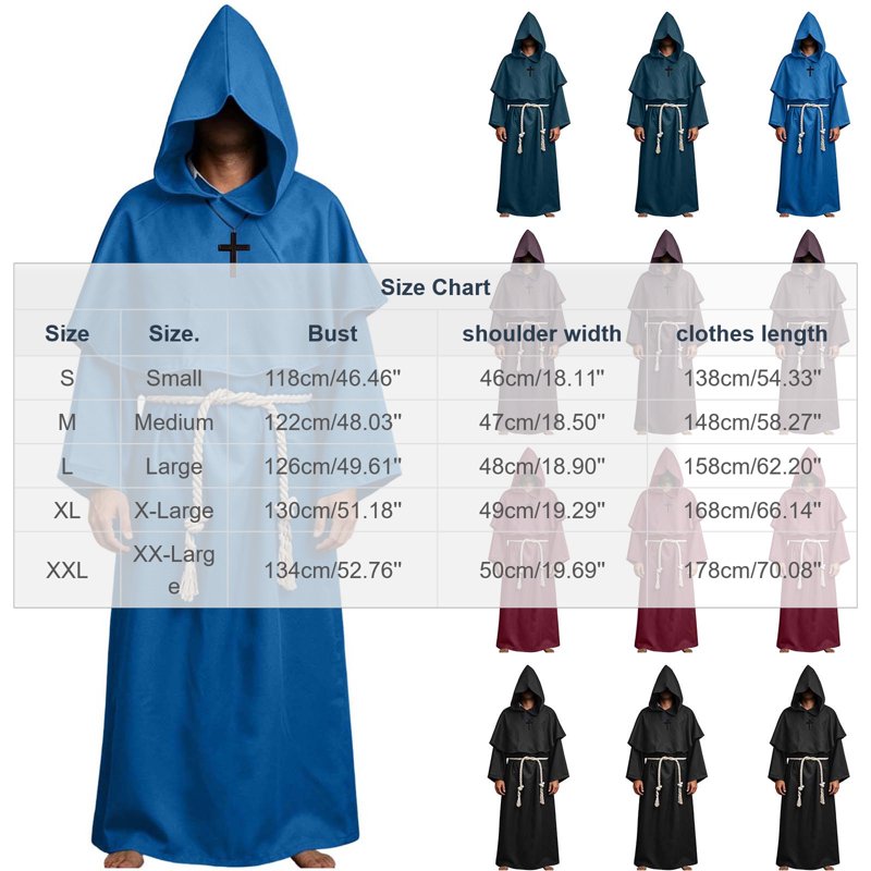 Medieval Monk Costume Set for Halloween Cosplay - Long Sleeve Robe & Belt, Blue, XL (Variation of Halloween Costumes Blue, XL)