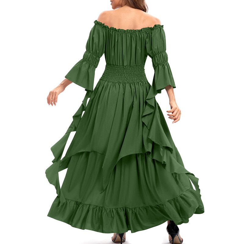 Women's Spring/Summer Renaissance Dress Green S Long Sleeve Round Neck Casual Outfit