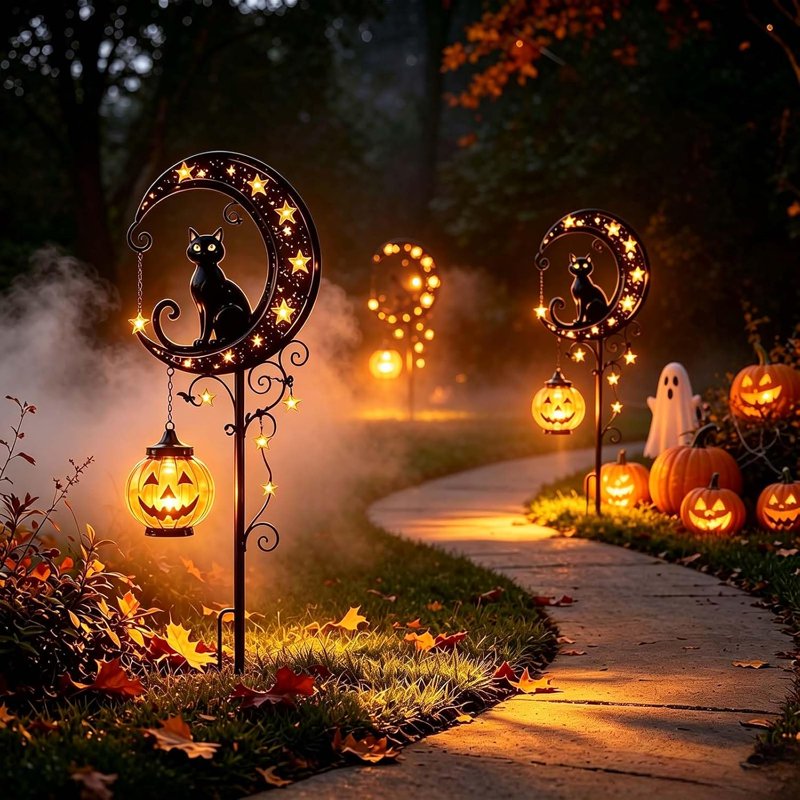 Solar Halloween Black Cat & Pumpkin Garden Stake Light - 2PCS Outdoor Waterproof LED Decor - Crescent Moon, Hanging Lanterns