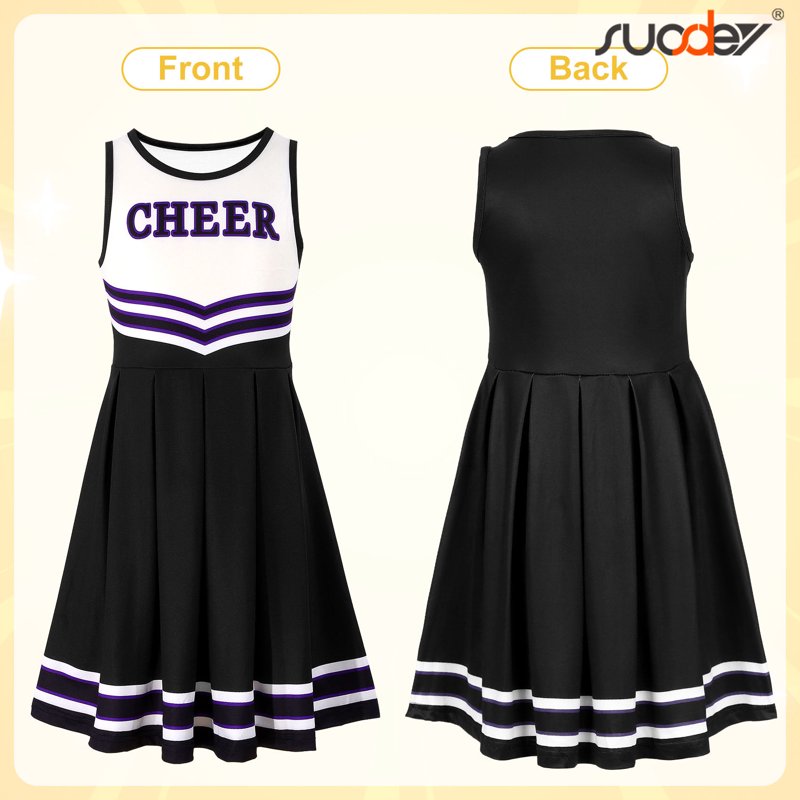Girls Cheerleader Costume Outfit Set Black 9-10 Years - Party & Halloween