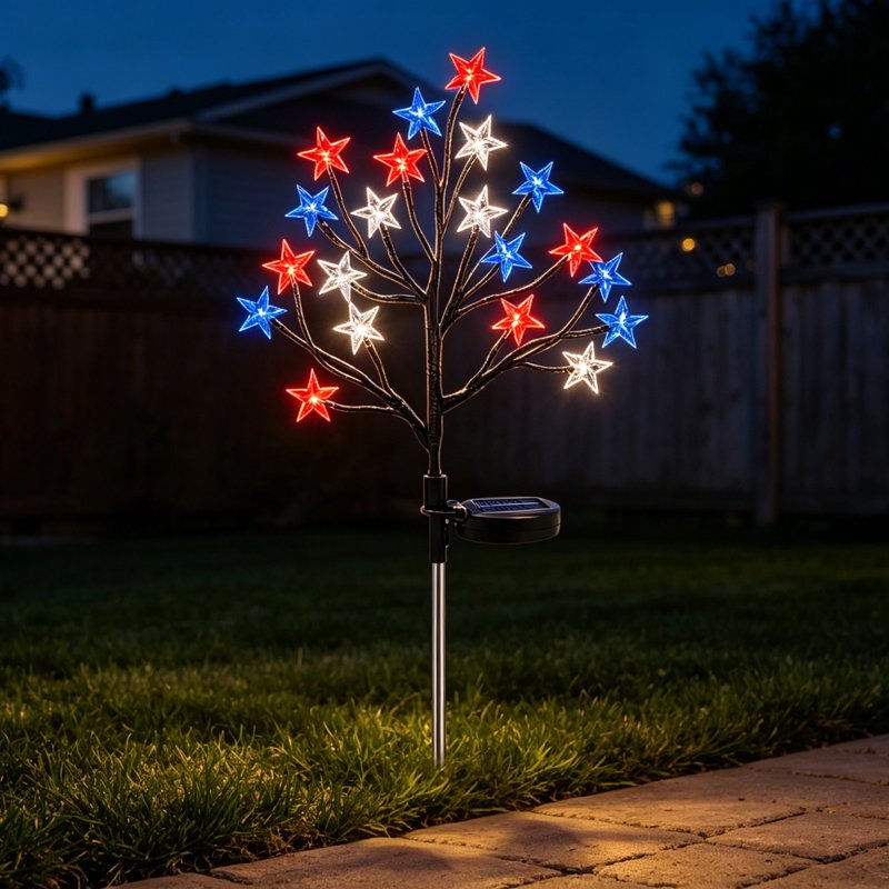 Patriotic Solar Garden Lights - 2 Pack 4th of July Red White Blue Star Outdoor Decor G