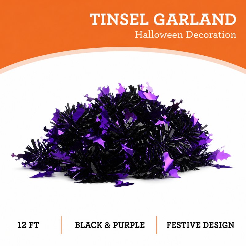 Halloween Tinsel Garland with Bat Cut-Outs - 12 Feet Indoor Decor