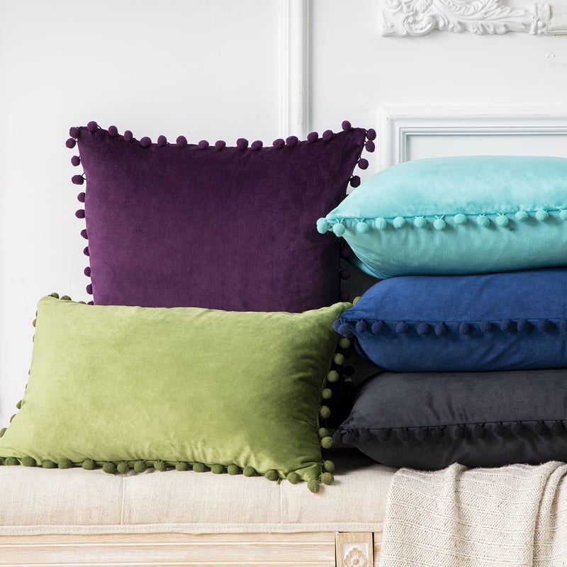 12x20 Navy Blue Velvet Throw Pillow Set of 2 - Pom Pom Accent Decor