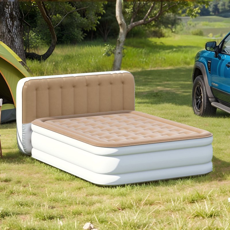 Brown Queen Air Mattress with Pump & Built-In Headboard - Inflatable Bed for Home & Guests