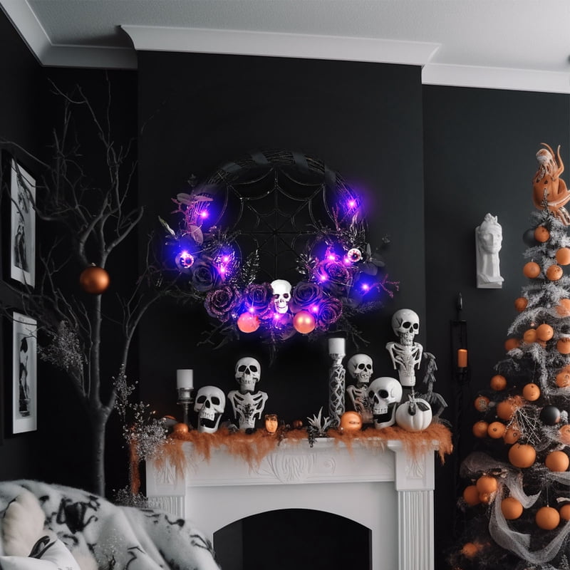 Halloween Wreath Front Door Decoration 18-Inch Artificial Skull with Pumpkin Spider Lights