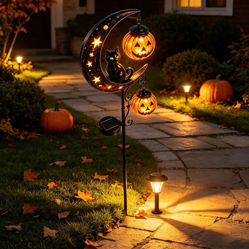 Solar Halloween Black Cat & Pumpkin Moon Garden Stake Light - Waterproof Outdoor Decor - A-1PC