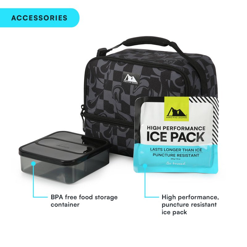 Insulated Dual Compartment Lunch Box with Container & Ice Pack - Warped Checkerboard