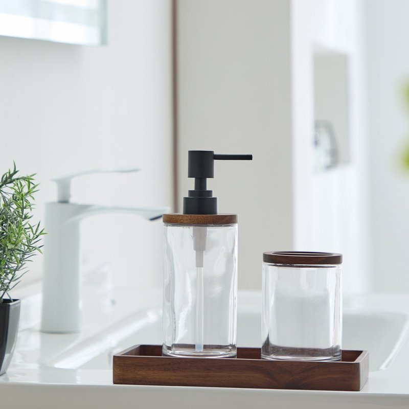 Acacia Wood and Glass Bathroom Accessories Set - Soap Dispenser Toothbrush Holder Tray