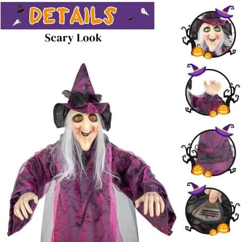Life Size Talking Halloween Witch Decor with Red Lighted Eyes - Outdoor Haunted House Animatronic 5.9FT