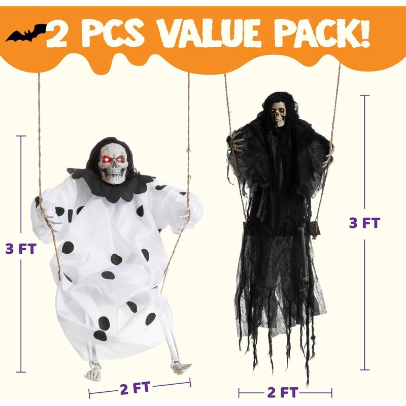 Halloween Hanging Skeleton Ghost Decorations Set - Black & White, 3 ft Lighted Outdoor Yard Decor