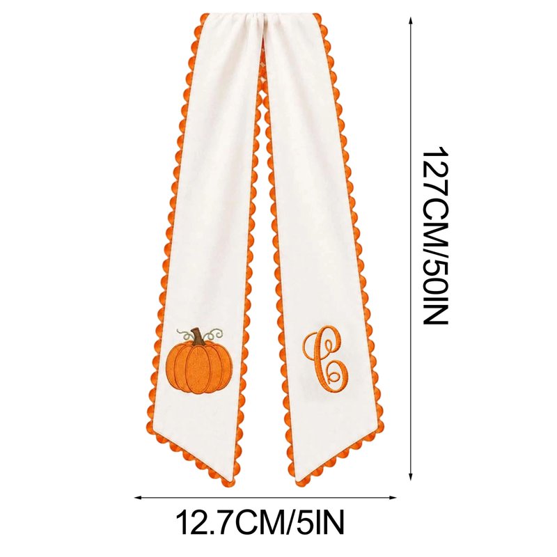 Pumpkin Embroidered Wreath Sash for Fall & Thanksgiving - Orange Scalloped Ribbon, 50 Inch, Variation C