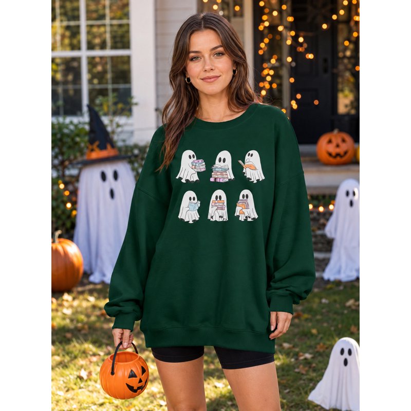 Dark Green Halloween Ghost Reading Books Sweatshirt for Women L - Spooky Fall Pullover