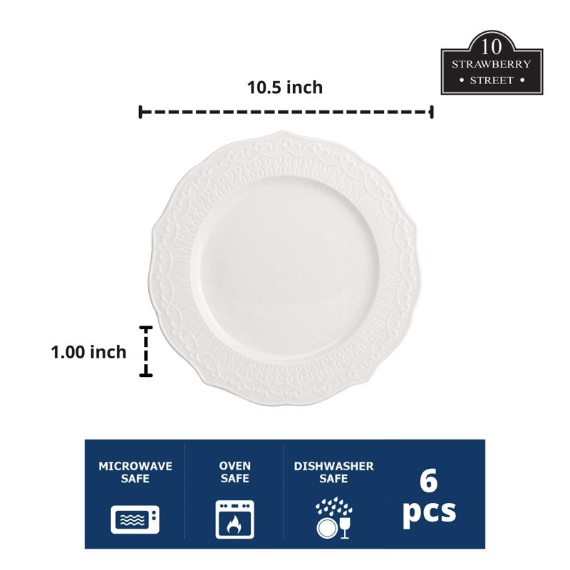10.5" White Porcelain Dinner Plate Set - 6 Pieces