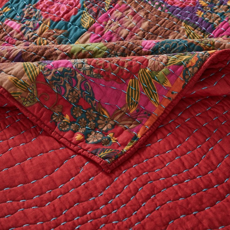 Queen Kantha-Style Cotton Reversible Bedspread Set - Jewel Tones, 3-Piece
