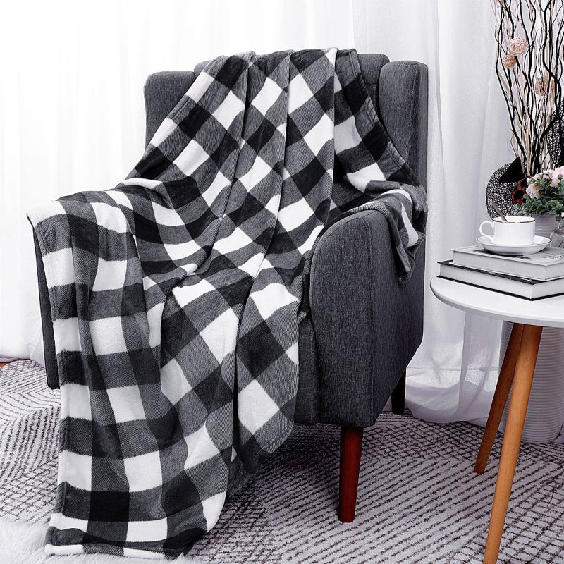 Plaid Soft Plush Fleece Blanket - 60 x 78 Inches, Black & White