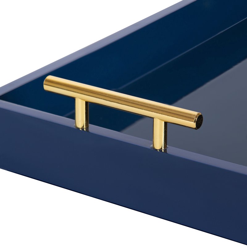 Narrow Decorative Tray with Metal Handles - 10" x 24" - Navy Blue & Gold