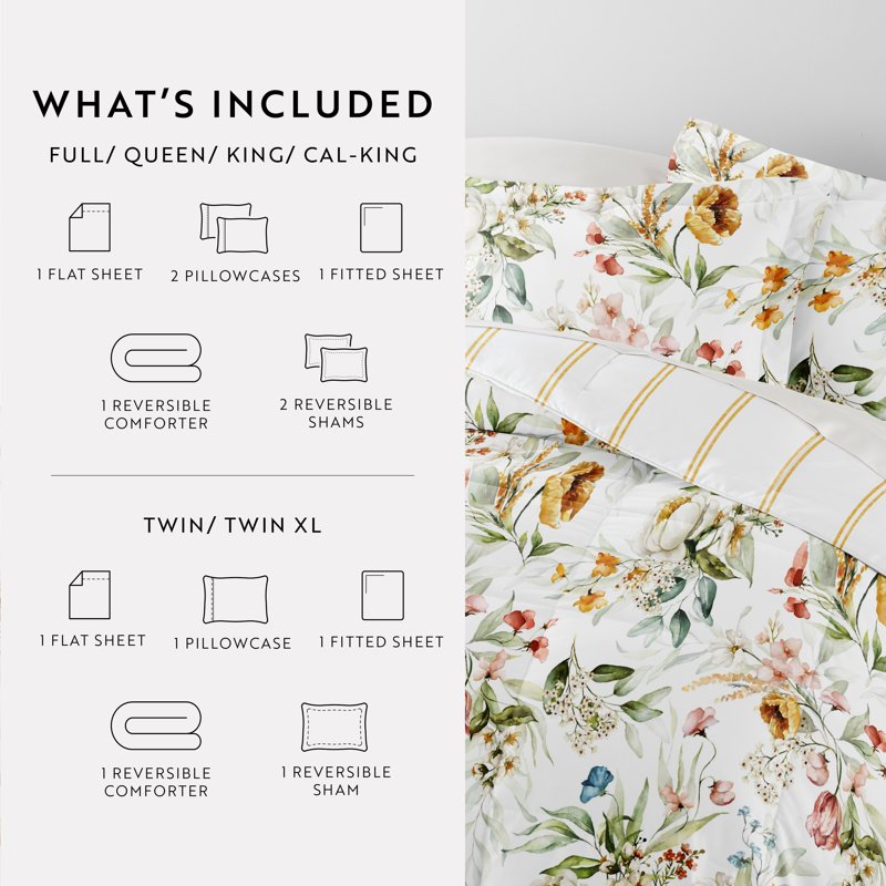 Queen Microfiber Bedding Set with Patterned Comforter & Sheets - Chintz Floral Stripe Clay