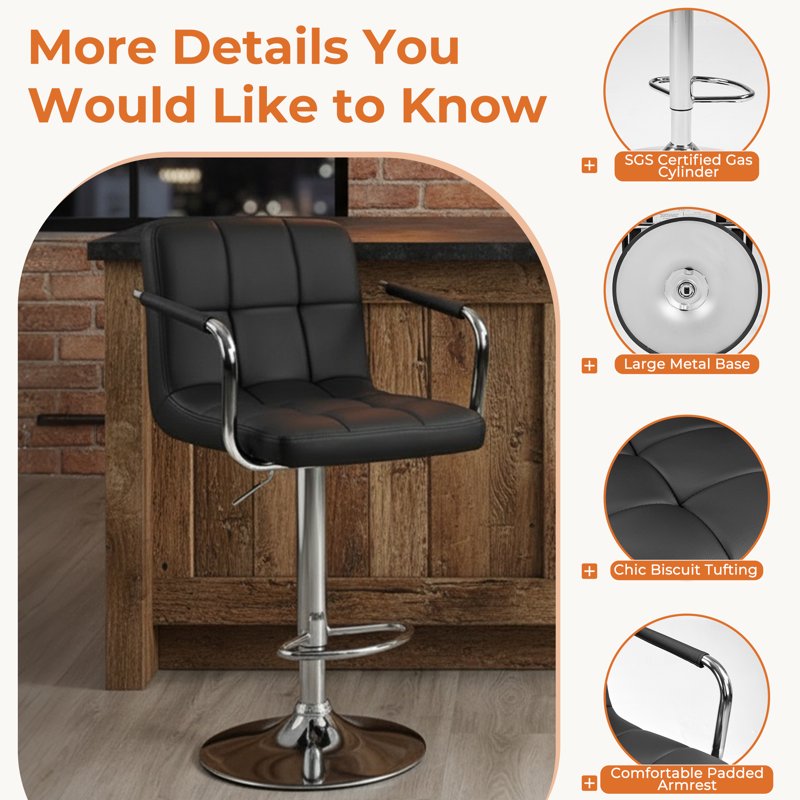 Swivel Bar Stools Set of 2 - Black PU Leather with High Back