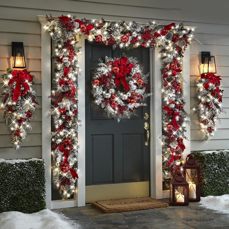 Christmas Front Door Wreath with Red Berries Pine Cones Artificial Winter Decor - Red