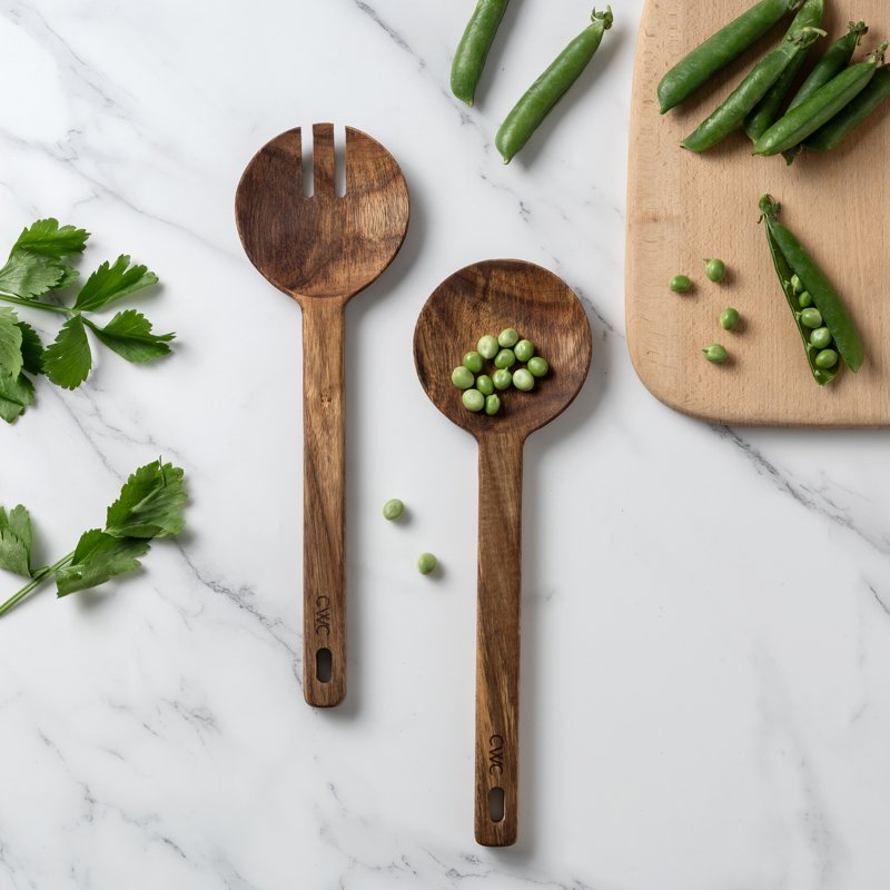 Acacia Wood Salad Server Set - Nonstick-Safe Kitchen Utensils