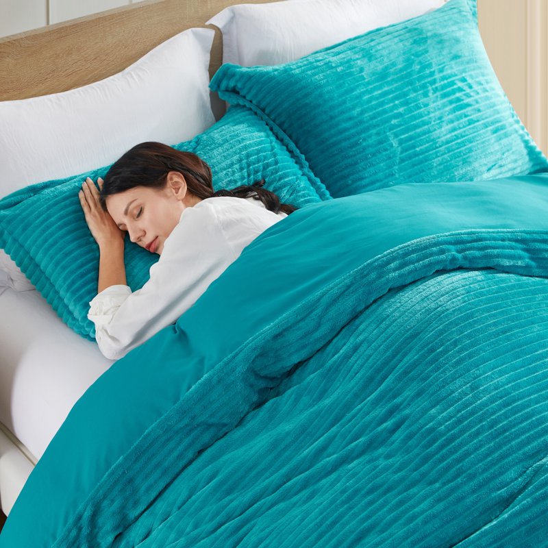 Twin Reversible Duvet Cover Set with Sham - Teal Blue Plush Microfiber Bedding