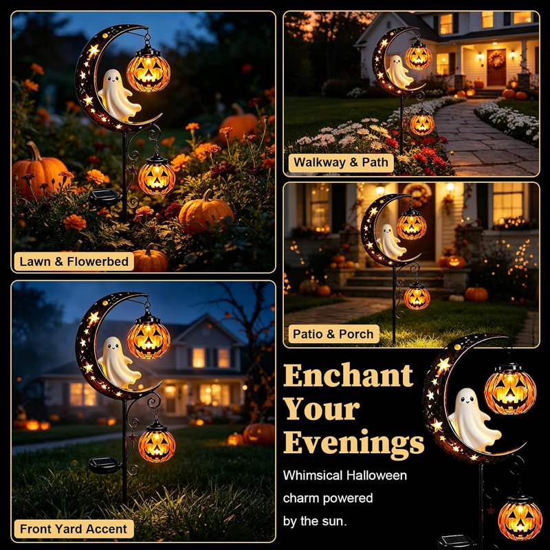 Solar Halloween Ghost Moon Garden Stake Light - Waterproof Metal Yard Lantern