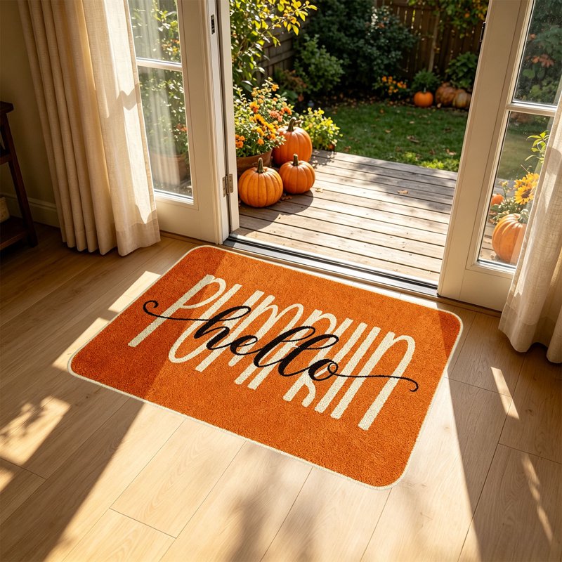 Thanksgiving Doormat - Non-Slip Orange Hello Pumpkin Autumn Front Door Mat – Indoor Outdoor Seasonal Decor - 15.8 x 23.6 Inches (V)