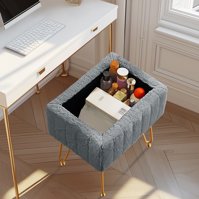 Vanity Stool Chair with Storage - Grey Faux Fur Seat