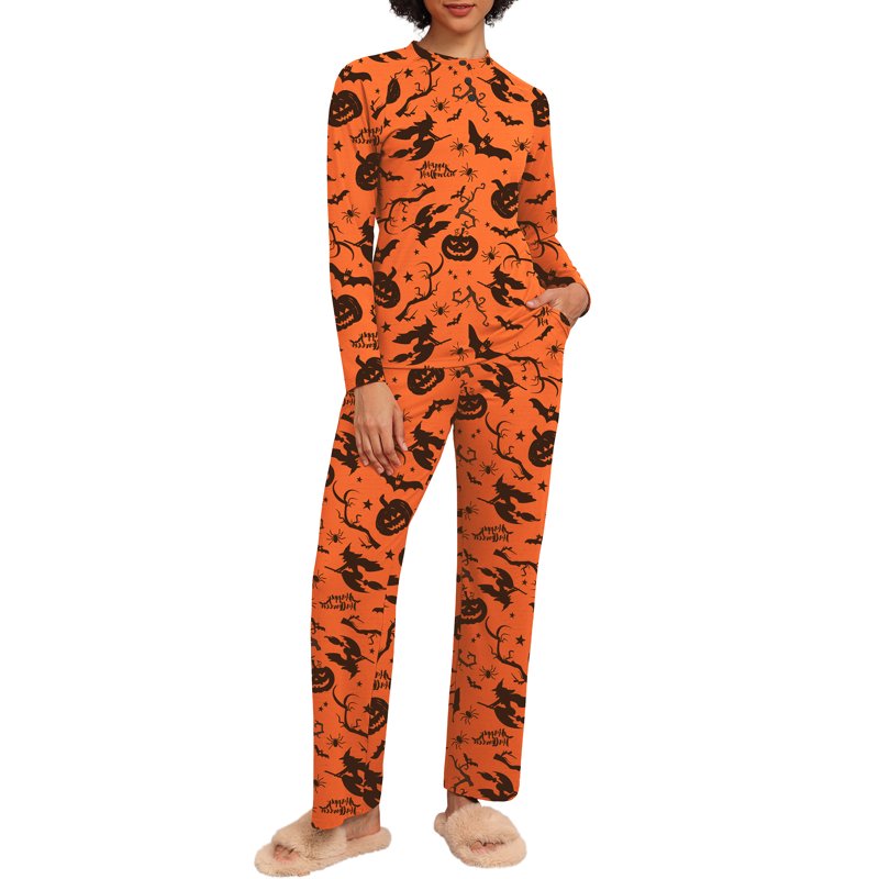 Halloween Couple Pajama Sets - Yellow Pumpkin Witch Variant for Women and Men