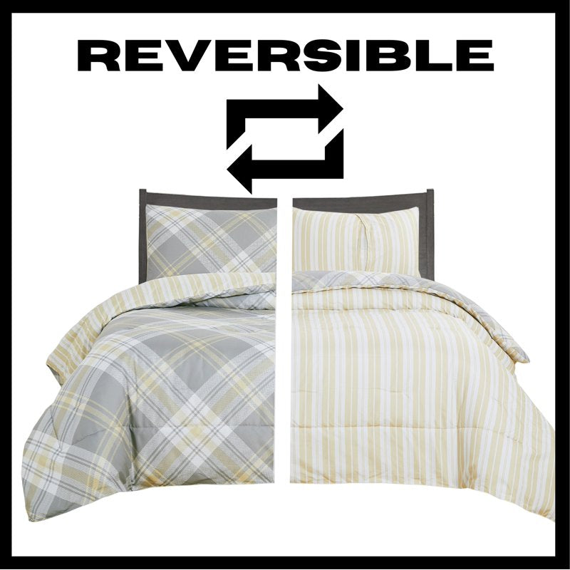 Kids Reversible Microfiber Comforter Set - Diagonal Plaid Tartan Olive Brown - Full Size