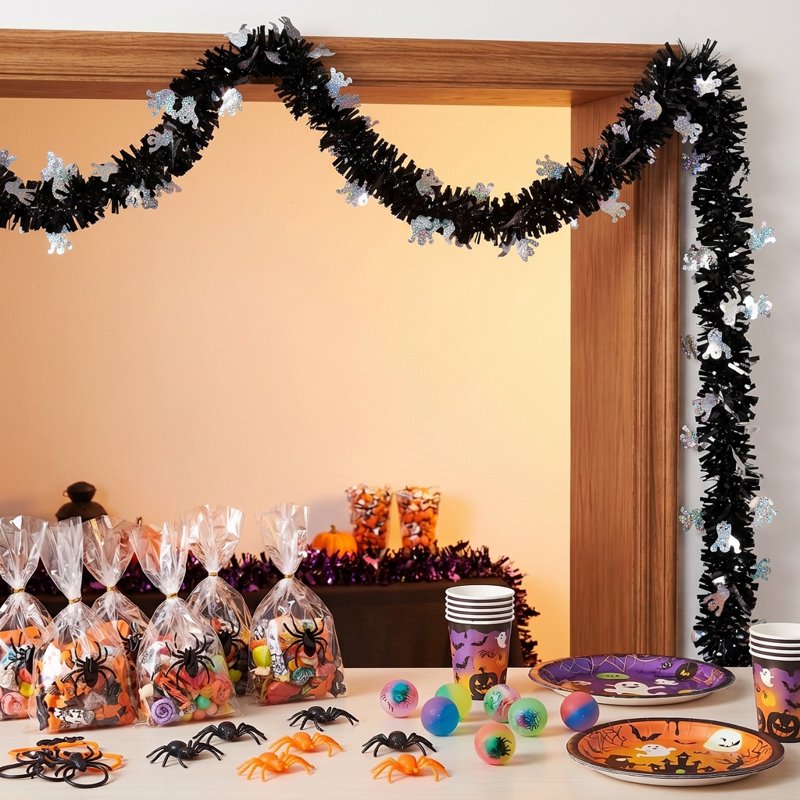 Halloween Ghost Tinsel Garland 12ft - Silver & Black Decor with Ghost Cut-Outs