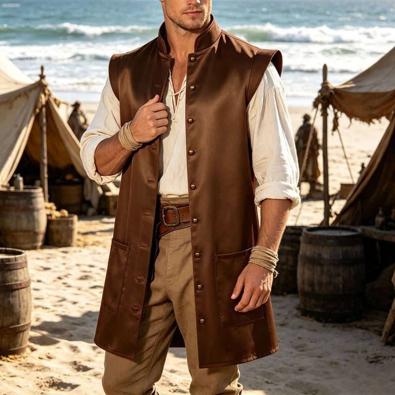 Men's Sleeveless Pirate Jacket Costume Brown Size L Halloween Cosplay