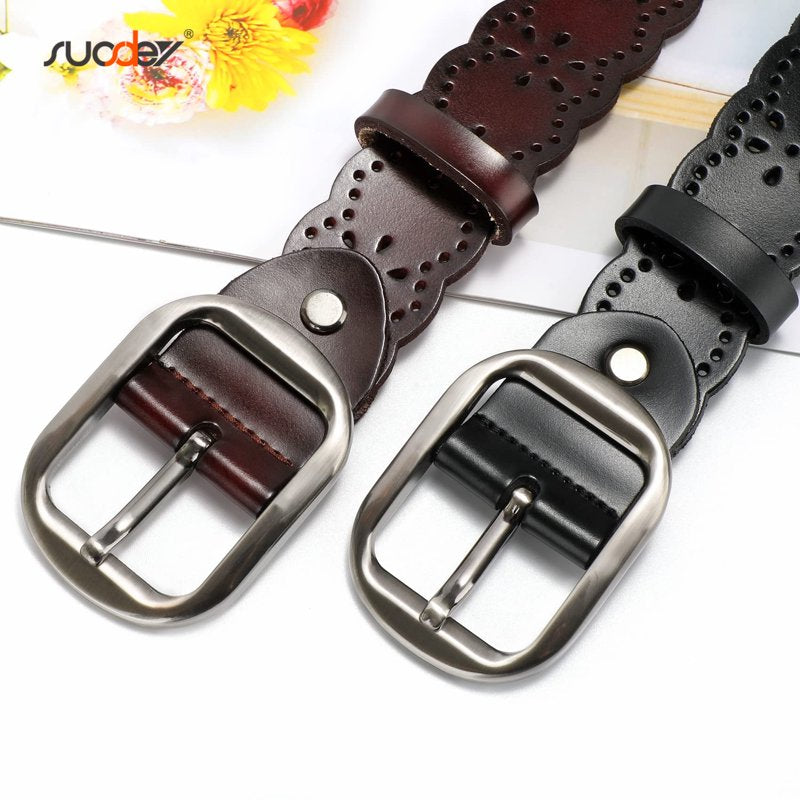 Women Leather Belt with Hollow Flower Design - Coffee, Fits Waist 25-35 Inches