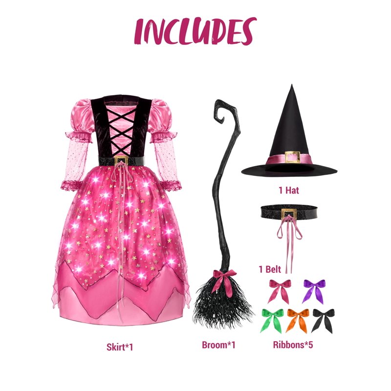 Pink Light Up Witch Costume for Girls 10-12 Years - Starry Dress with Broom & Hat