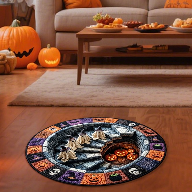 40x40cm Optical Illusion Halloween Round Rug - Spooky Ghost Pumpkin Floor Mat
