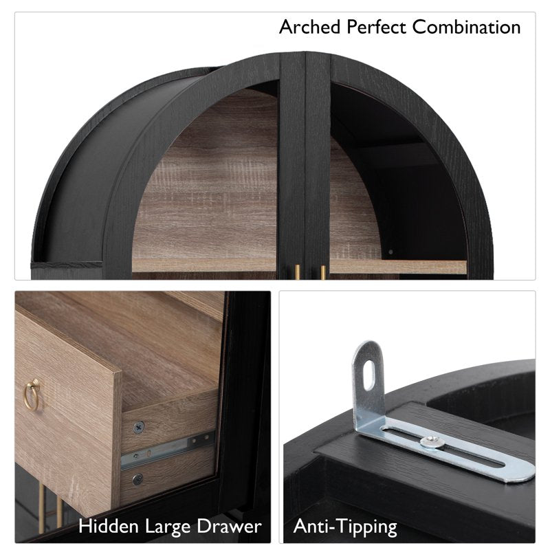 Arched Kitchen Pantry Cabinet with Soft-Close Doors - Black Glass-Enclosed Top Shelf