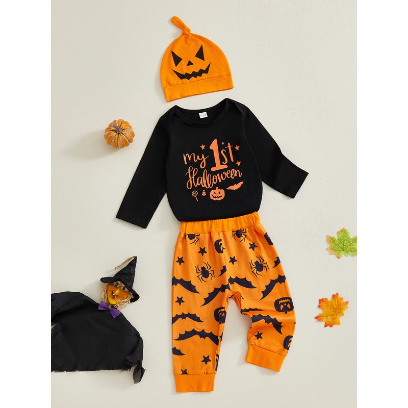 Baby Boy First Halloween Outfit - Letter Print Romper with Bat & Spider Hat, 0-3 Months Orange A