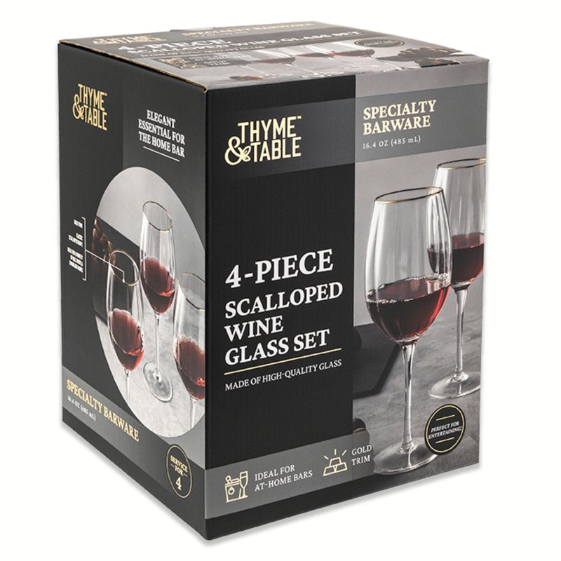 Scalloped Wine Glasses Set with Gold Rim - 4 Piece